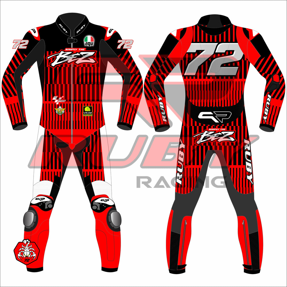 Front and back view of Marco Bezzecchi Barcelona Winter Test 2025 MotoGP Racing Suit, featuring red and black graphics, number 72, and knee sliders.