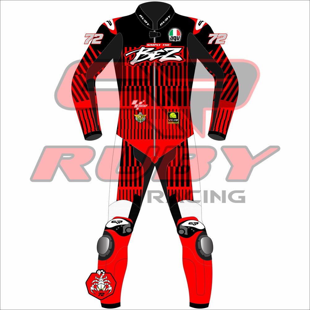 Front view of Marco Bezzecchi Barcelona Winter Test 2025 MotoGP Racing Suit, showcasing vibrant red and black stripes with logos and number 72.