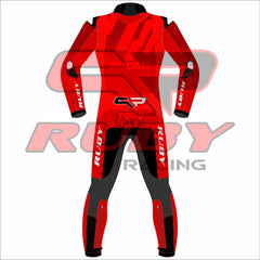 Back View of Marc-Marquez MotoGP Racing Suit from the 2025 Barcelona Winter Test, designed in red  leather with the Ducati Logo, Number 93 and bold patterns