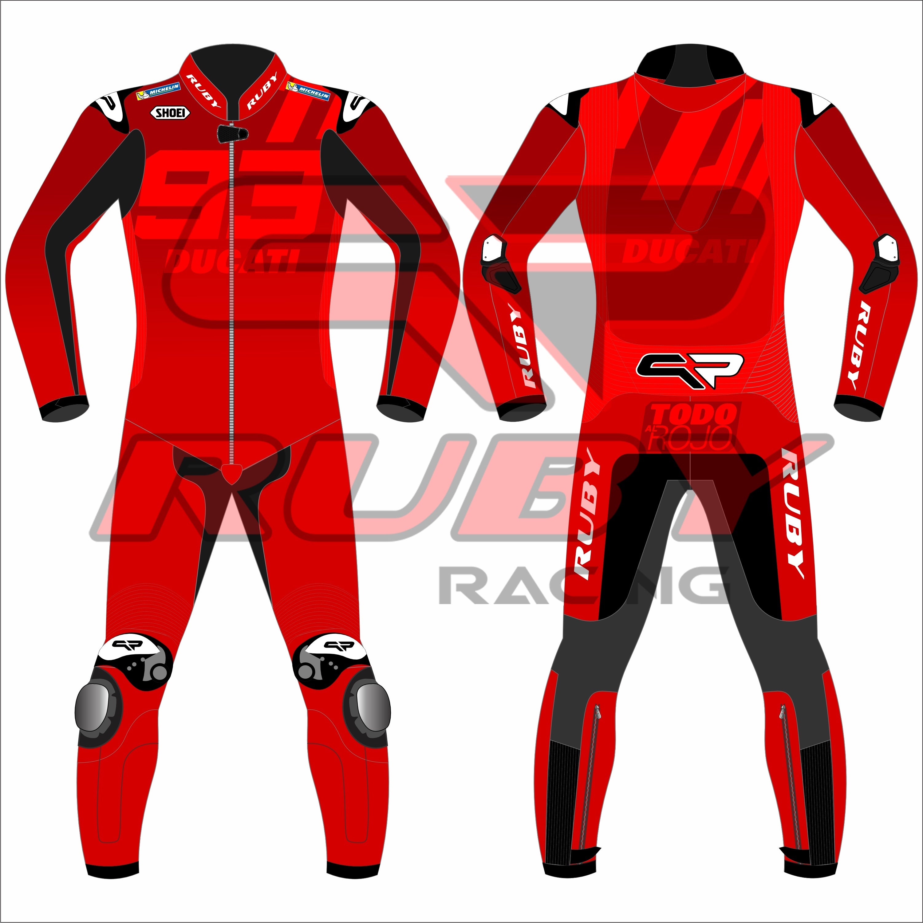 Marc-Marquez MotoGP Racing Suit from the 2025 Barcelona Winter Test, designed in red  leather with the Ducati Logo and bold patterns