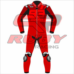 Front View of Marc-Marquez MotoGP Racing Suit from the 2025 Barcelona Winter Test, designed in red  leather with the Ducati Logo, Number 93 and bold patterns