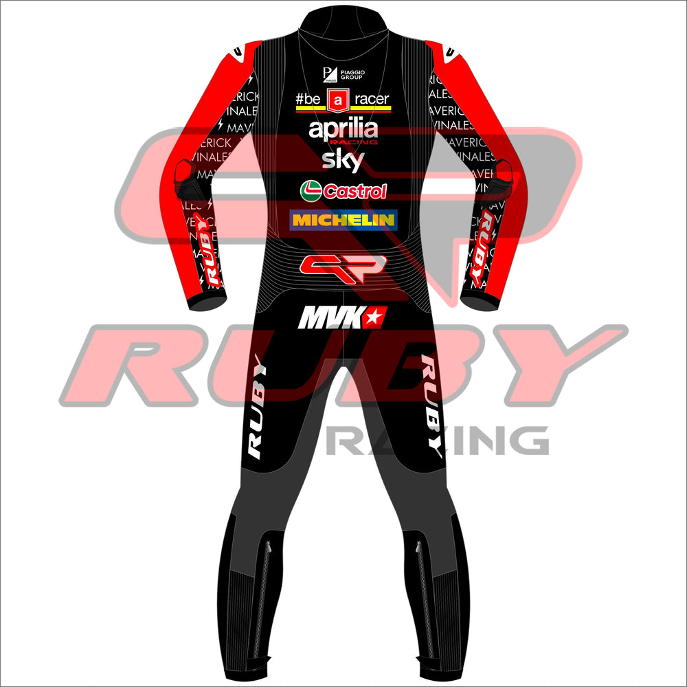 Back view of the 2024 Maverick Viñales Aprilia Racing suit design for British GP featuring a black, red, and white color scheme with prominent sponsor logos like Aprilia, Sky, Michelin, and Ruby. The suit showcases detailed graphics on the legs and arms, personalized for Maverick Viñales.