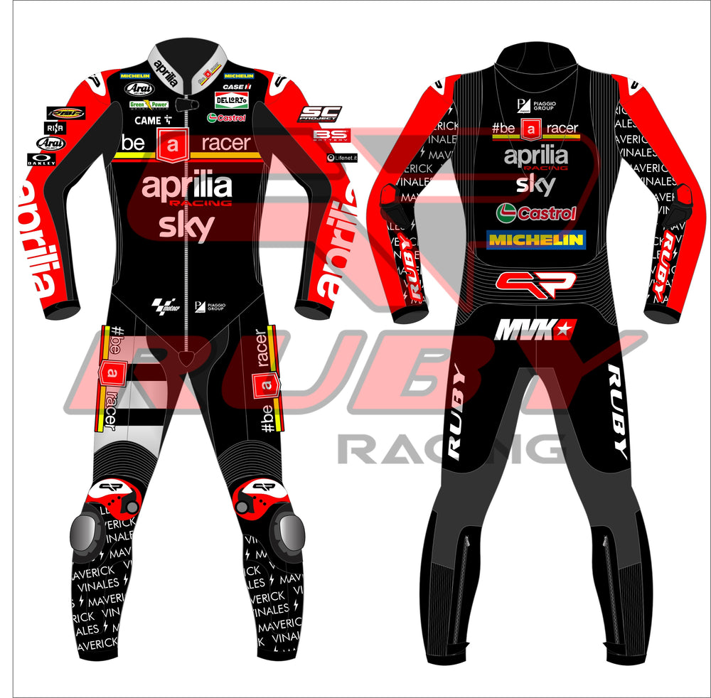Front and back view of the 2024 Maverick Viñales Aprilia Racing suit design for British GP featuring a black, red, and white color scheme with prominent sponsor logos like Aprilia, Sky, Michelin, and Ruby. The suit showcases detailed graphics on the legs and arms, personalized for Maverick Viñales.