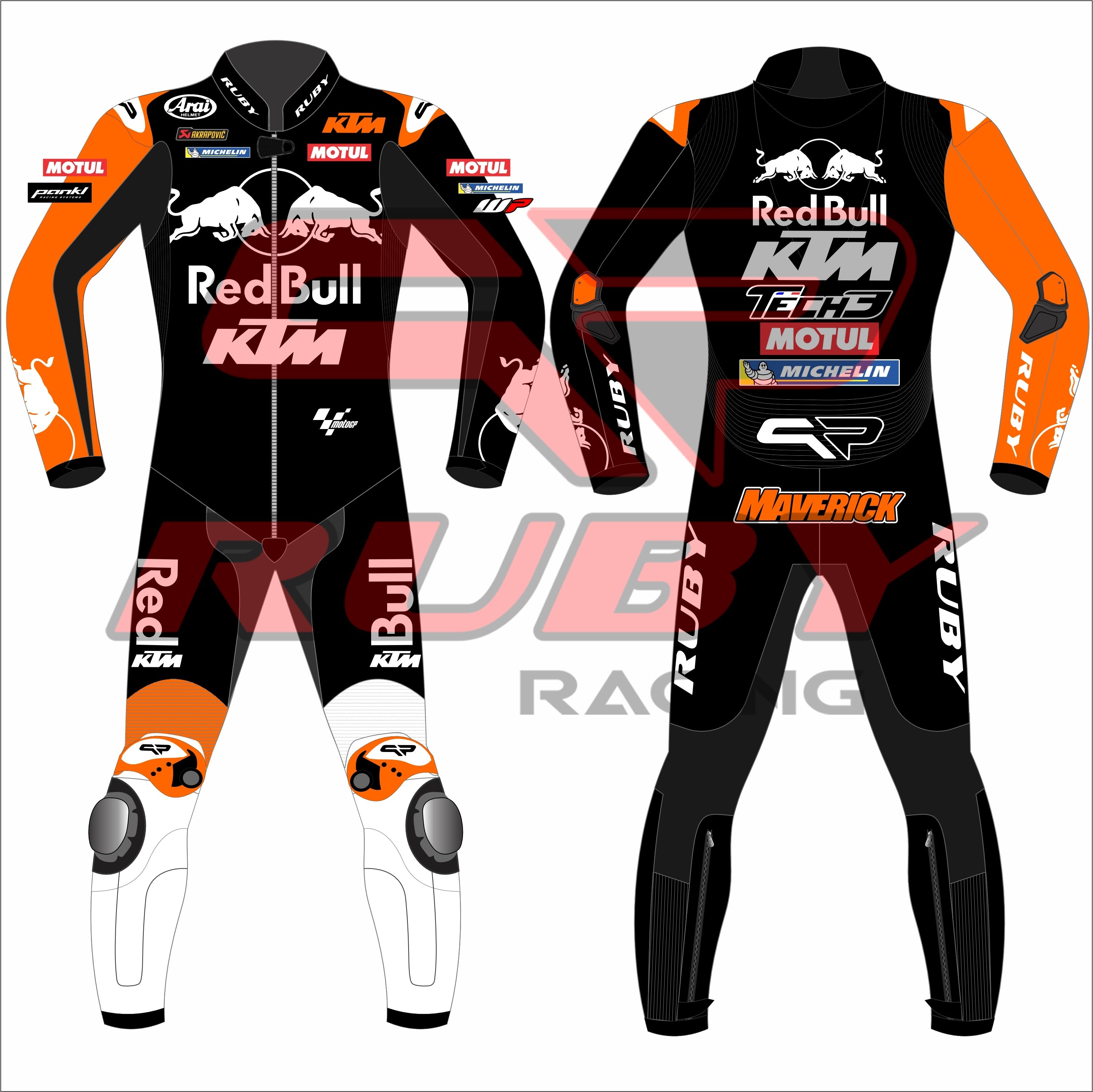 Front and rear view of the Maverick Viñales 2025 Barcelona Winter Test MotoGP Racing Suit, featuring striking red and orange graphics and protective knee sliders.