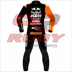 Front view of the Maverick Viñales 2025 Barcelona Winter Test MotoGP Racing Suit, featuring striking red and orange graphics and protective knee sliders.