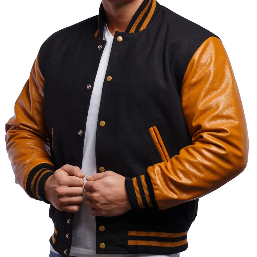 Mens Black Brown Varsity Jacket Front View