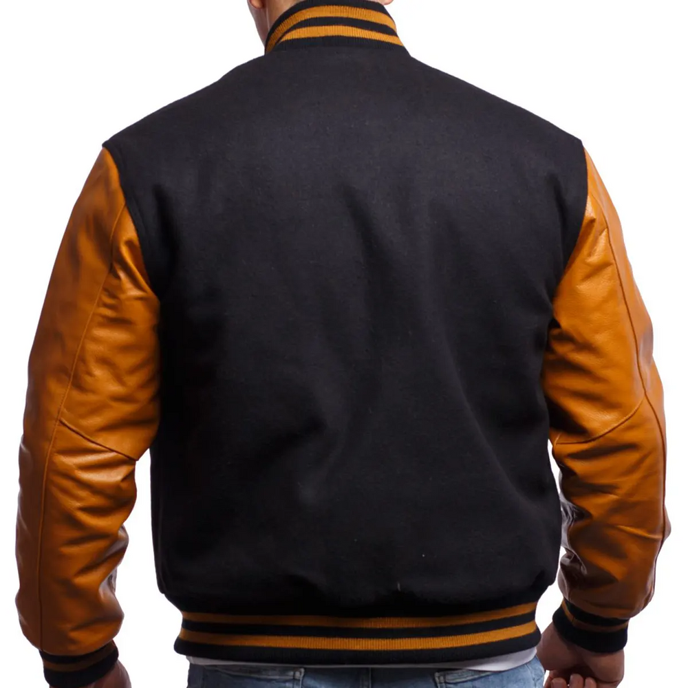 Mens Black Brown Varsity Jacket Back View