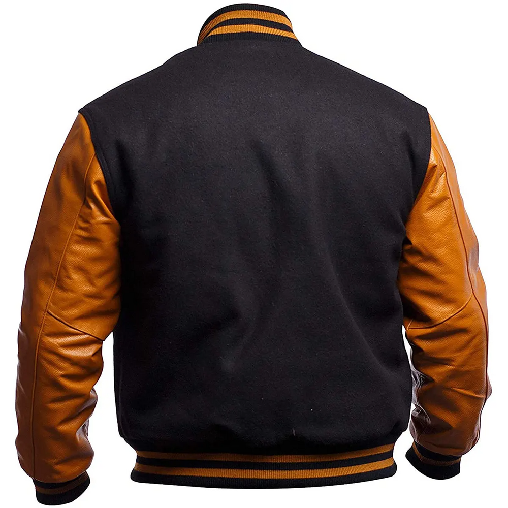 Mens Black Brown Varsity Jacket Back View-2
