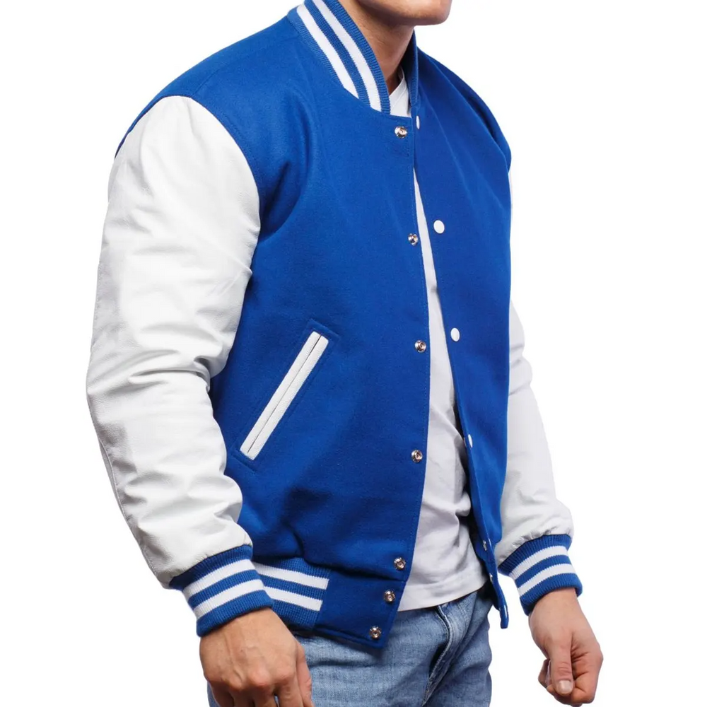 Mens Blue White Varsity Jacket Right View