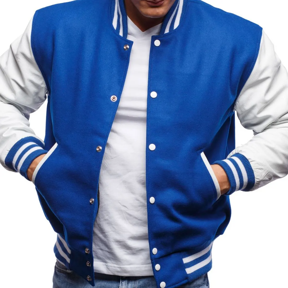 Mens Blue White Varsity Jacket Front View-2