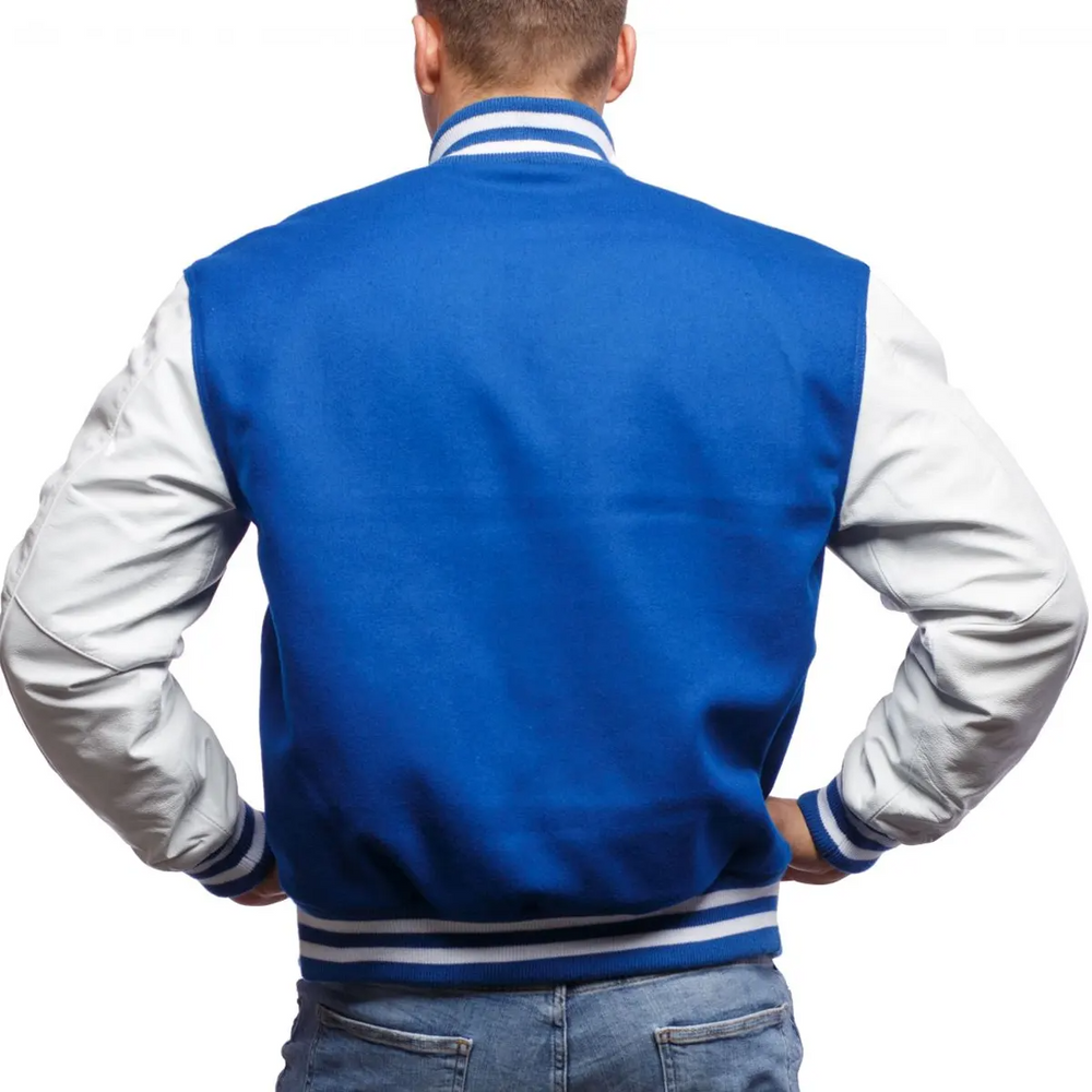Mens Blue White Varsity Jacket Back View