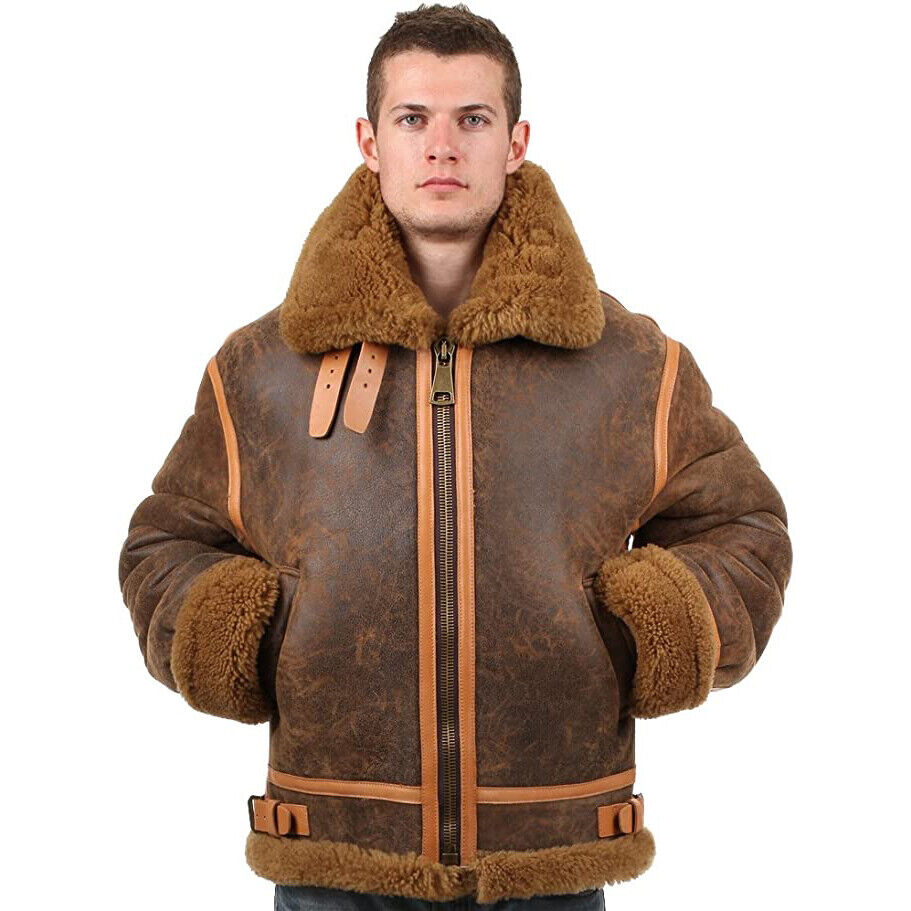 WWII Mens Flying B3 Brown Leather Aviator Jacket  Front Closed