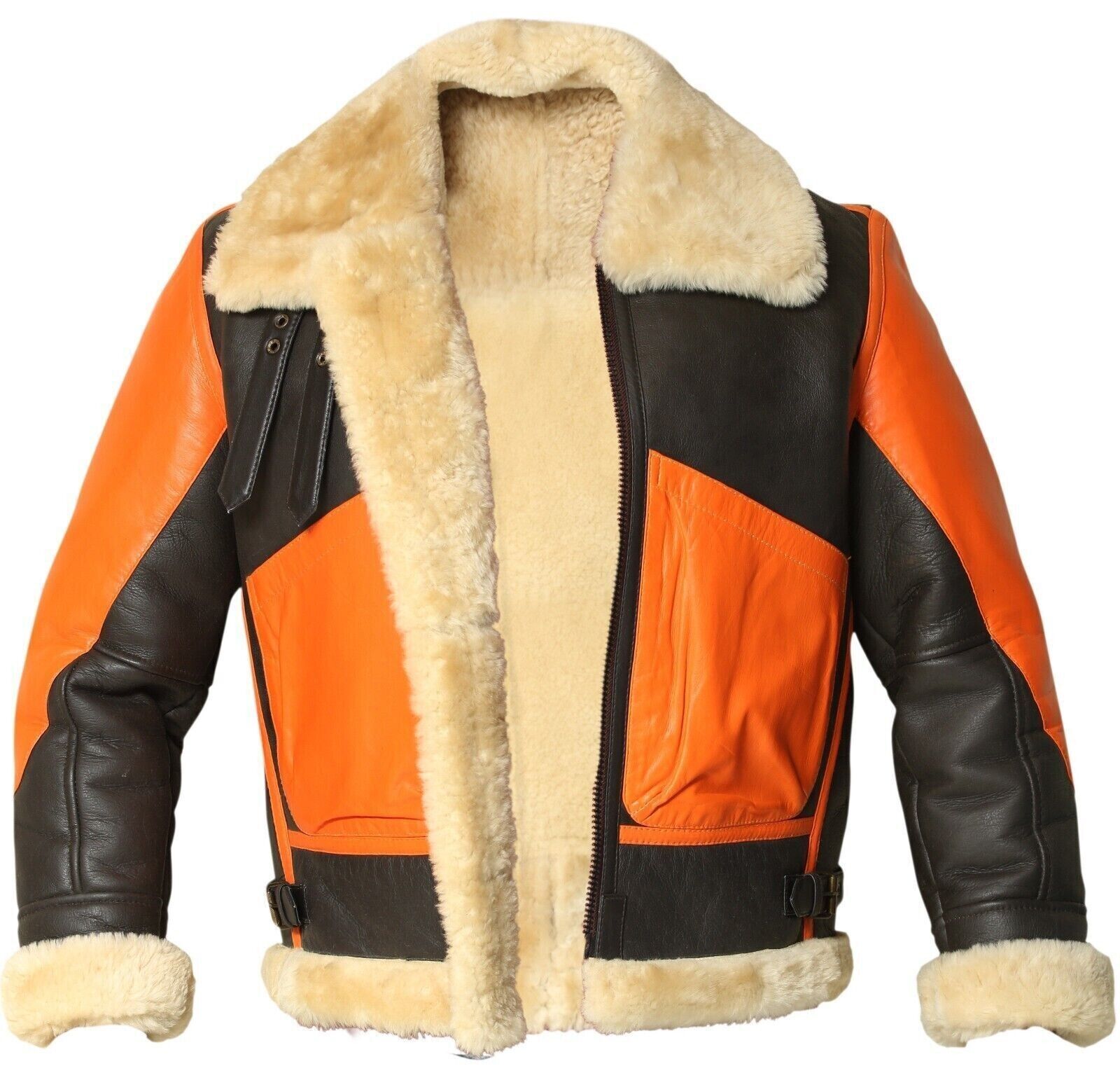Mens Brown Orange Faux Fur Bomber With Collar Aviator Jacket Front