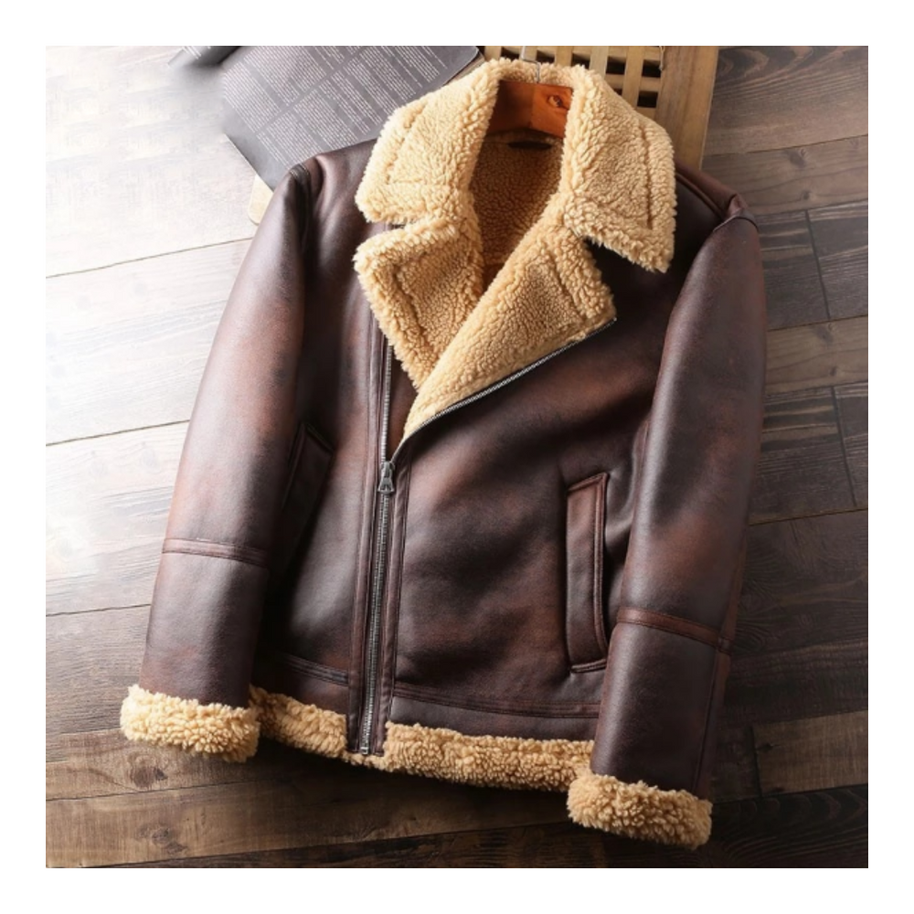 Mens Brown Shearling Aviator Jacket Front 2
