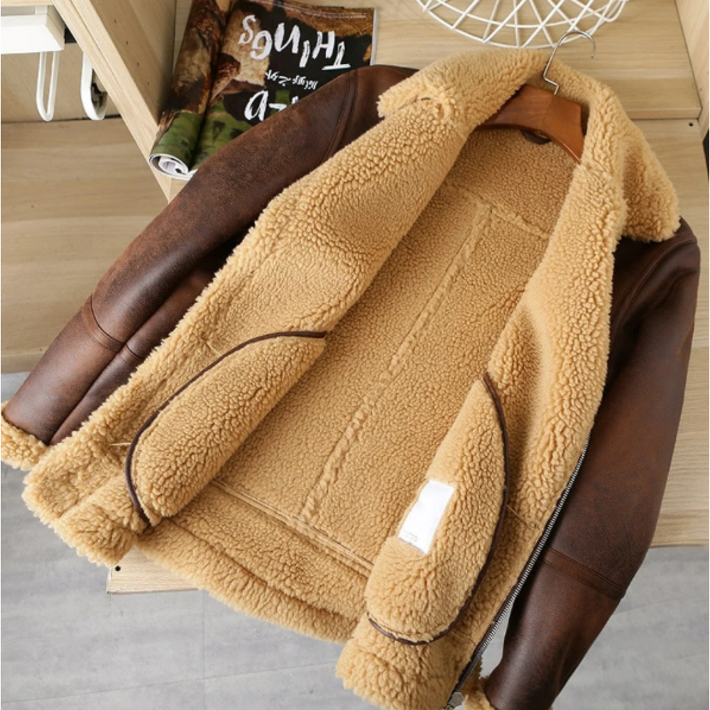 Mens Brown Shearling Aviator Jacket Open