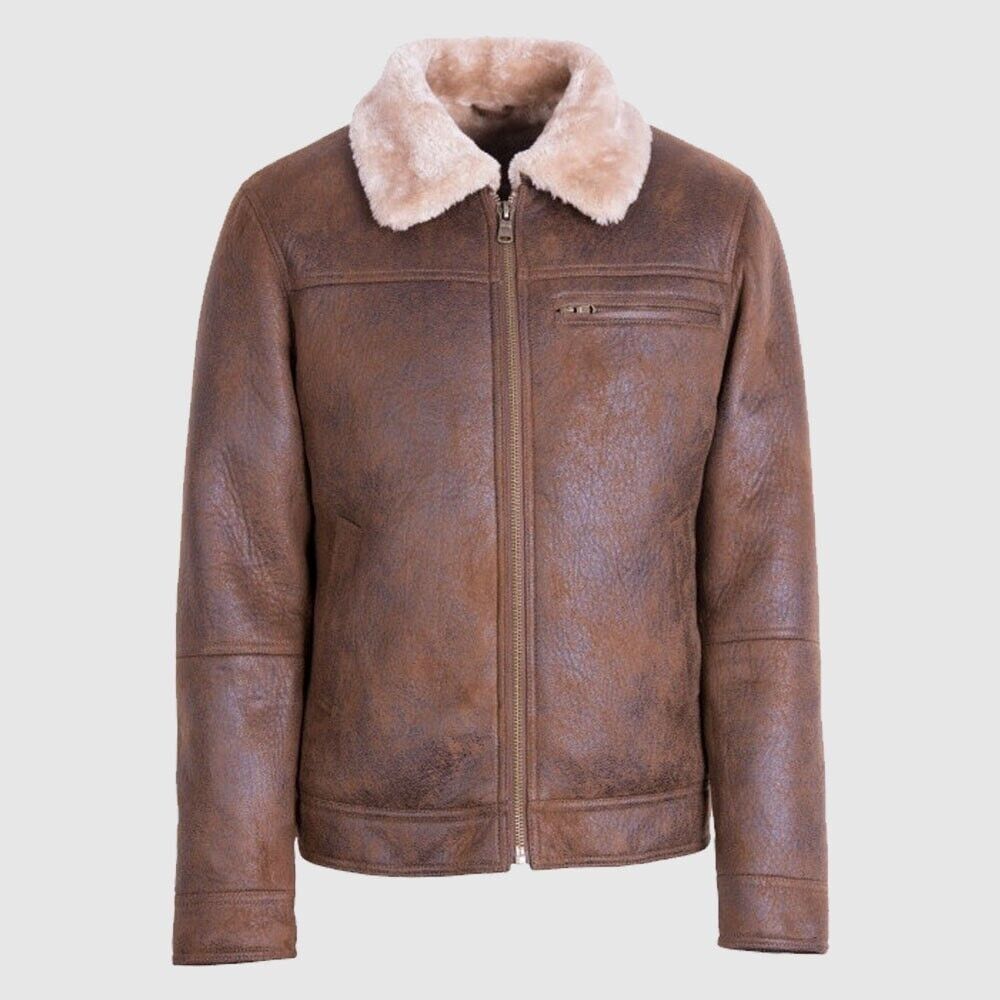 Brown Distressed Leather Aviator Jacket Front