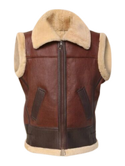 Mens Genuine Sheepskin Real Fur Leather Brown Waistcoat Front