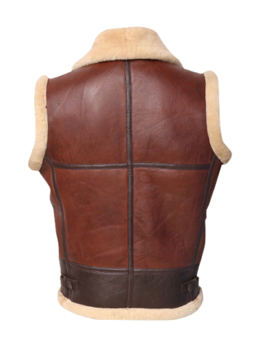 Mens Genuine Sheepskin Real Fur Leather Brown Waistcoat Back