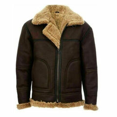Men's Brown Leather Real Sheepskin Winter Aviator Jacket Front