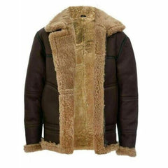 Men's Brown Leather Real Sheepskin Winter Aviator Jacket Front Open