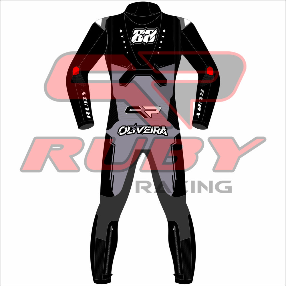 Back view of Miguel Oliveira's 2025 MotoGP test race suit in black and grey with white detailing, customized by Ruby Racing featuring Oliveira's name and number 88.