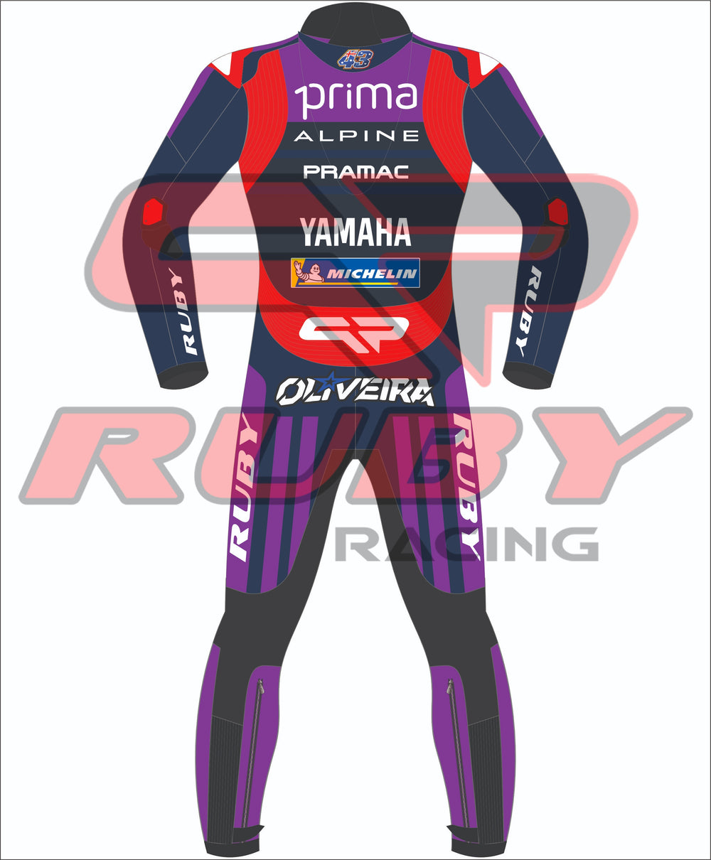 Back view of the Miguel Oliveira 2025 MotoGP Yamaha Prima race suit, featuring Ruby branding and sponsor logos like Alpine, Pramac, and Michelin in a red, navy blue, and purple design.