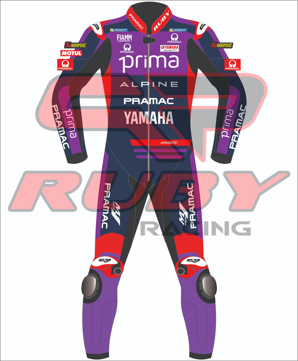 Front view of Miguel Oliveira’s 2025 Yamaha Prima MotoGP leather race suit in dark navy, red, and purple tones, showing detailed logos of Pramac, Yamaha, Alpine, and Ruby.