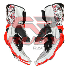 Back view of Nicky Hayden motorcycle racing gloves with red, black, and white leather design, highlighting the intricate star and number 69 graphics, reinforced palm protection, and precision stitching for superior grip and durability