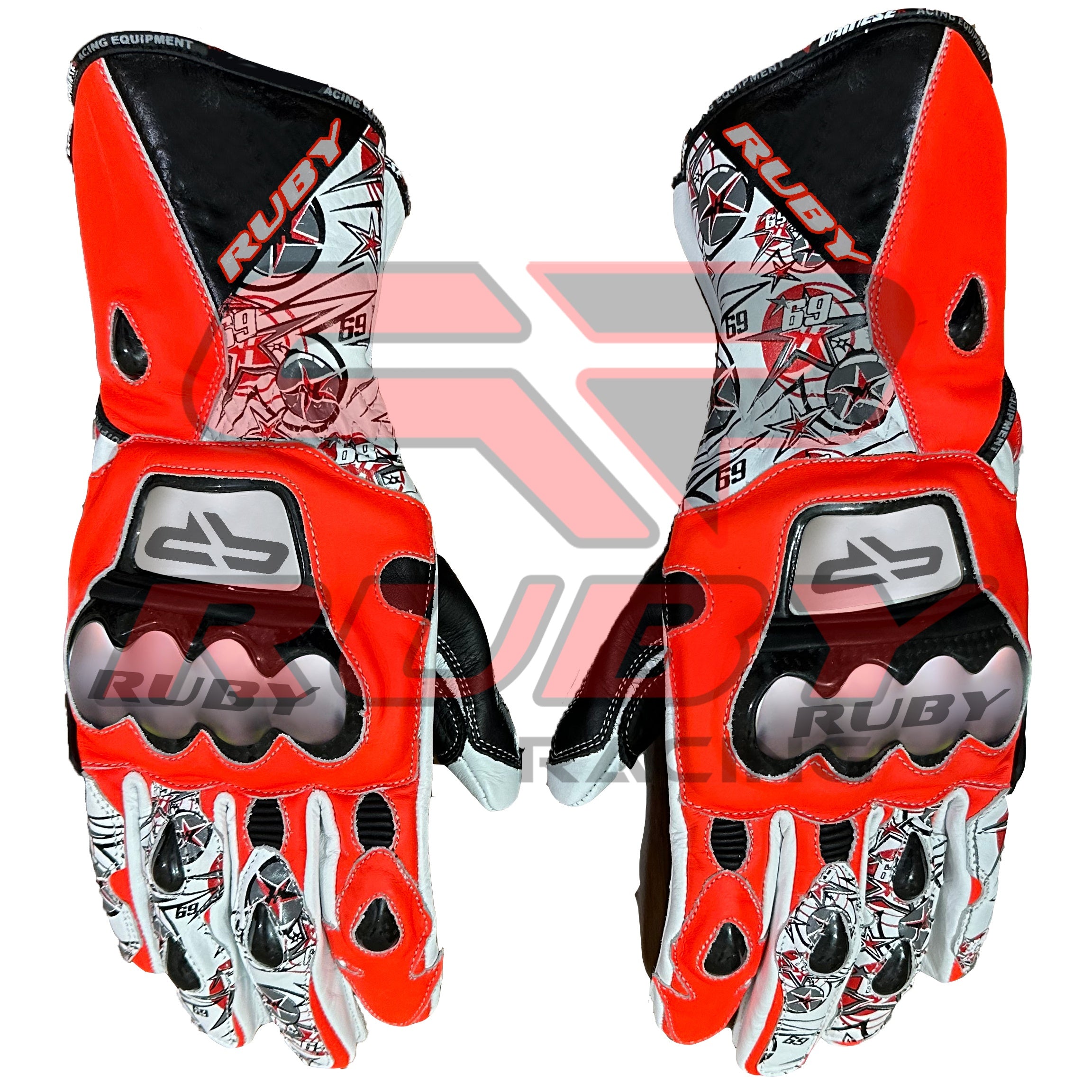 Nicky Hayden MotoGP racing leather gloves in striking red, black, and white with star and number 69 graphics, this motorcycle gloves features reinforced knuckle protection and ergonomic design for high-performance motorcycle riding.