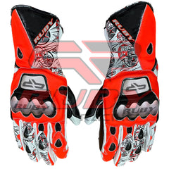 Nicky Hayden MotoGP racing leather gloves in striking red, black, and white with star and number 69 graphics, this motorcycle gloves features reinforced knuckle protection and ergonomic design for high-performance motorcycle riding.