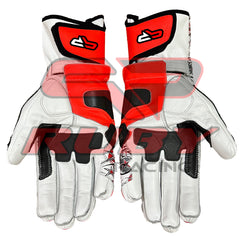 Palm view of Nicky Hayden MotoGP racing gloves in red, black, and white leather, showcasing reinforced palm padding, secure wrist closure, and ergonomic design for enhanced comfort and grip during high-speed racing.