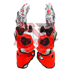 Side view of Nicky Hayden motorbike racing gloves featuring bold red, black, and white leather design with star and number 69 graphics, integrated knuckle protection, and reinforced wrist support for optimal safety and performance.