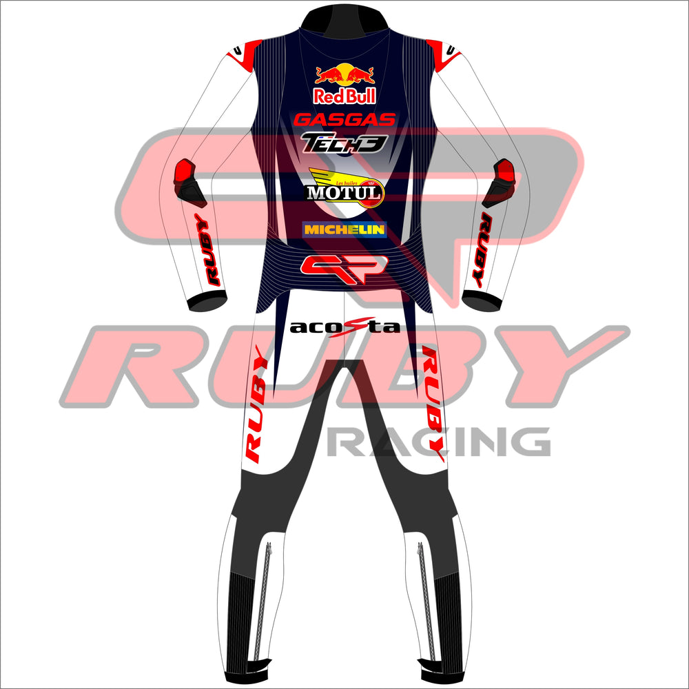 Back view of the Pedro Acosta Red Bull Gasgas racing suit for the 2024 British GP. The suit is predominantly white with black and red details, featuring logos from sponsors like Red Bull, GASGAS, Motul, Michelin, and Tech3. The design includes protective knee and elbow sliders, with the rider's initials 'acosta' displayed on the back.