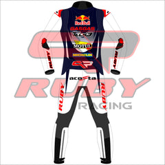 Back view of the Pedro Acosta Red Bull Gasgas racing suit for the 2024 British GP. The suit is predominantly white with black and red details, featuring logos from sponsors like Red Bull, GASGAS, Motul, Michelin, and Tech3. The design includes protective knee and elbow sliders, with the rider's initials 'acosta' displayed on the back.