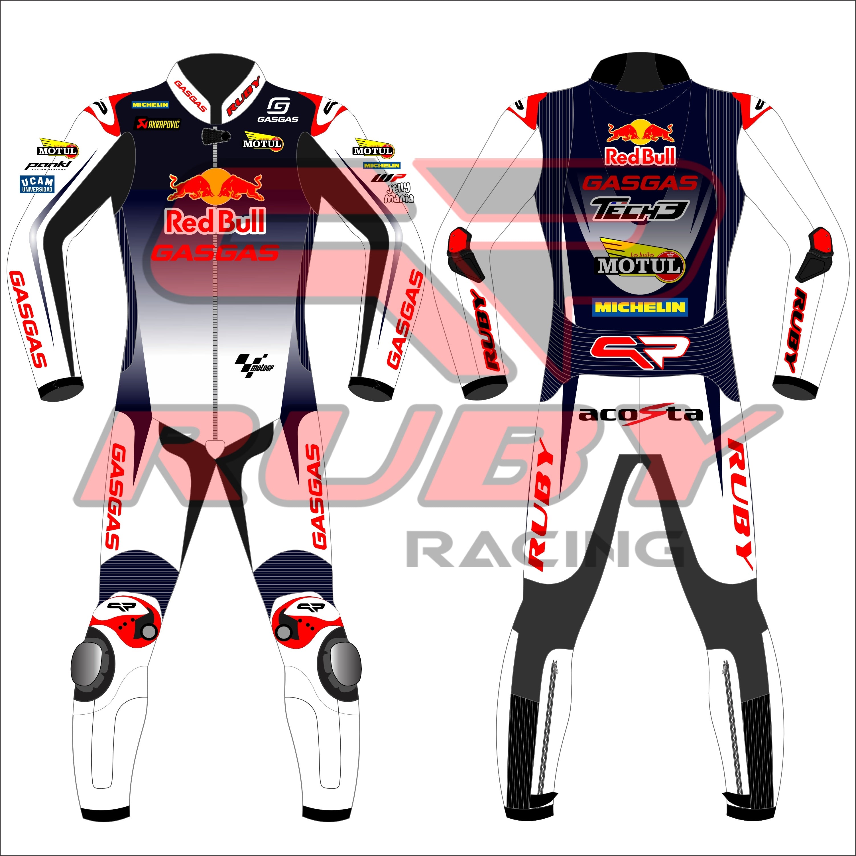 Front and back view of the Pedro Acosta Red Bull Gasgas racing suit for the 2024 British GP. The suit is predominantly white with black and red details, featuring logos from sponsors like Red Bull, GASGAS, Motul, Michelin, and Tech3. The design includes protective knee and elbow sliders, with the rider's initials 'acosta' displayed on the back.