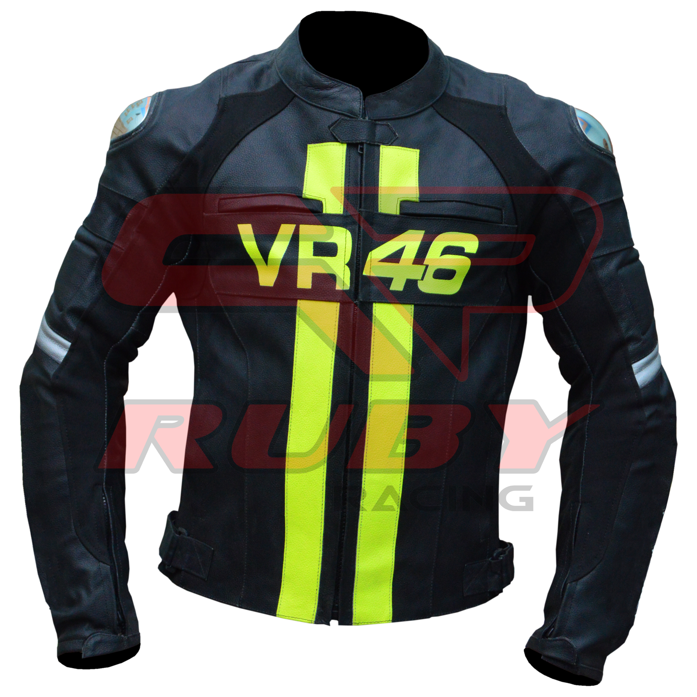 Black Valentino Rossi VR46 Racing Motorbike Leather Biker Jacket Front