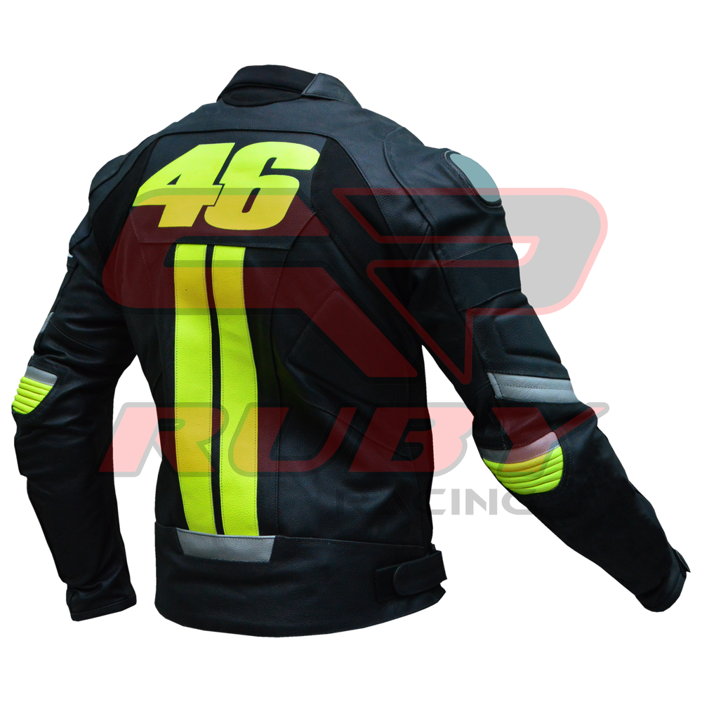 Black Valentino Rossi VR46 Racing Motorbike Leather Biker Jacket Sideways