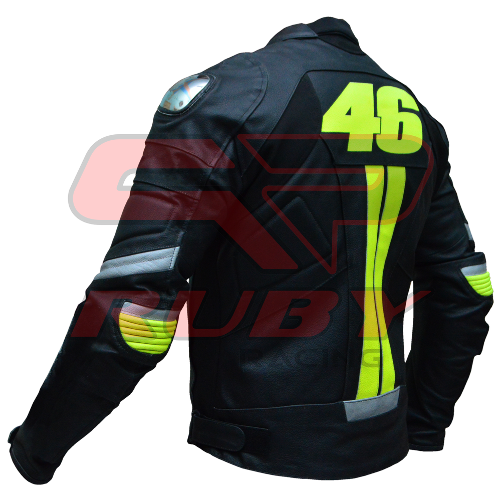 Black Valentino Rossi VR46 Racing Motorbike Leather Biker Jacket Left Sideways
