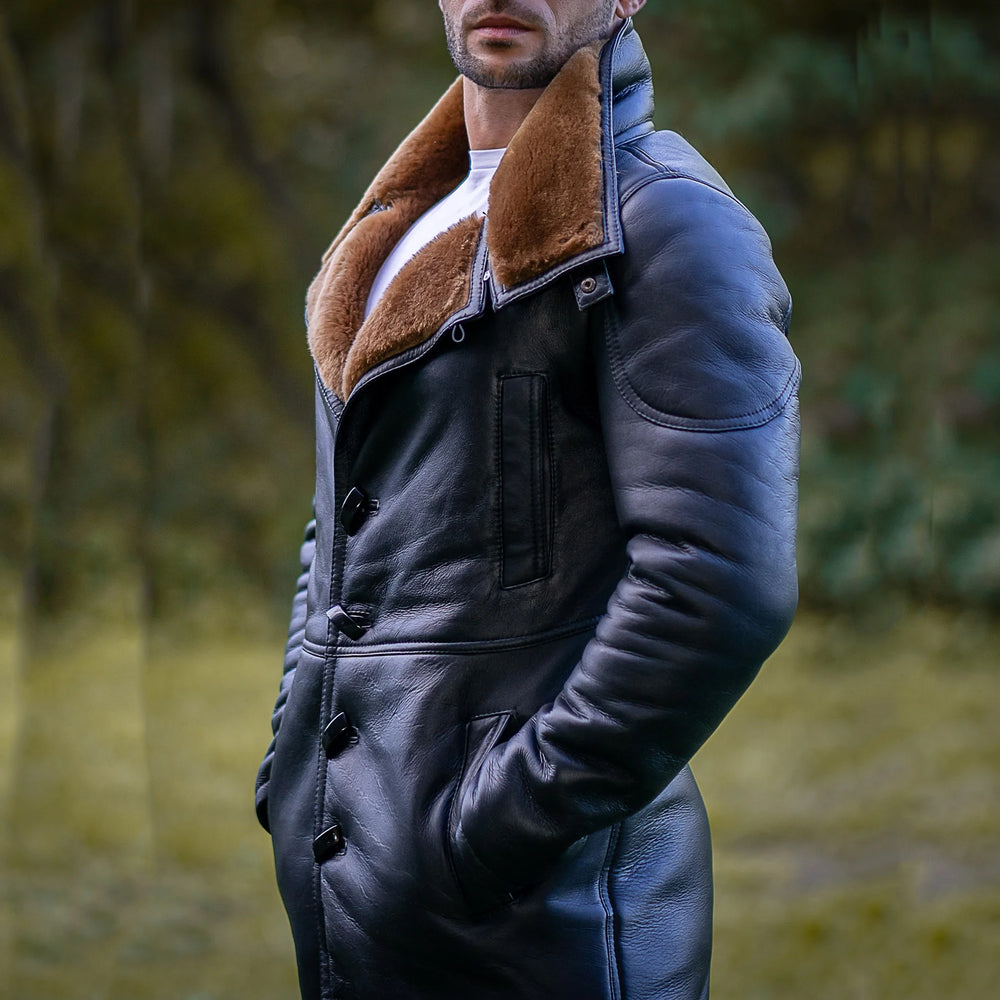 Aviator Brown Real Leather bomber Fur Coat Right