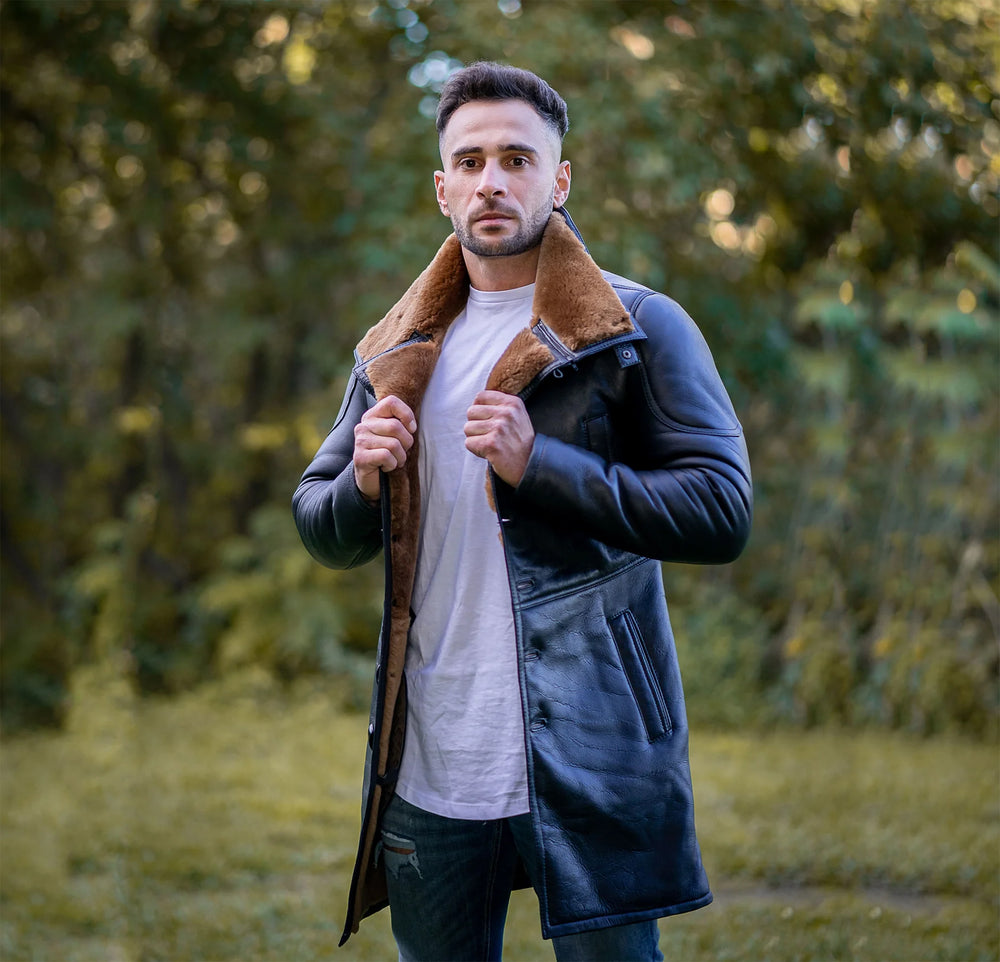 Aviator Brown Real Leather bomber Fur Coat Front Open