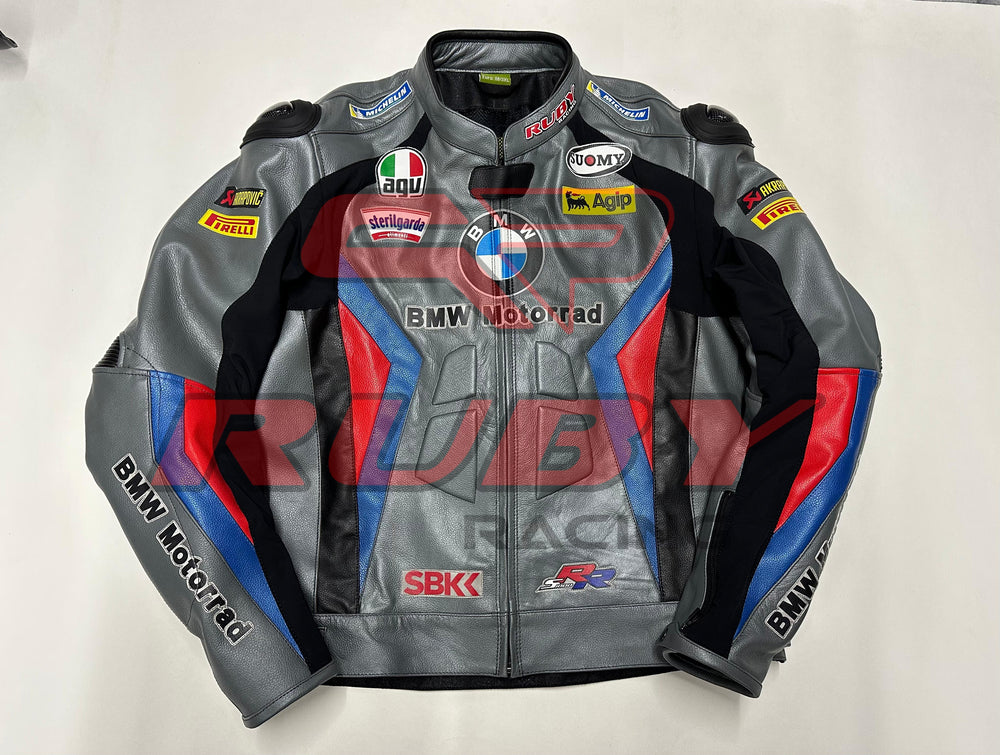 Front view of the BMW Motorrad Racing Motorcycle Jacket in gray with black, blue, and red detailing. The jacket displays prominent sponsor logos and is crafted from premium leather, ideal for motorbike riders seeking style and protection