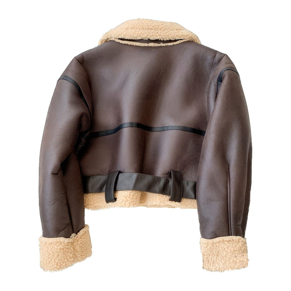 Womens Brown Cropped Aviator Jacket Back