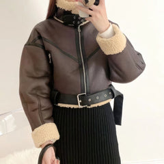 Womens Brown Cropped Aviator Jacket Full