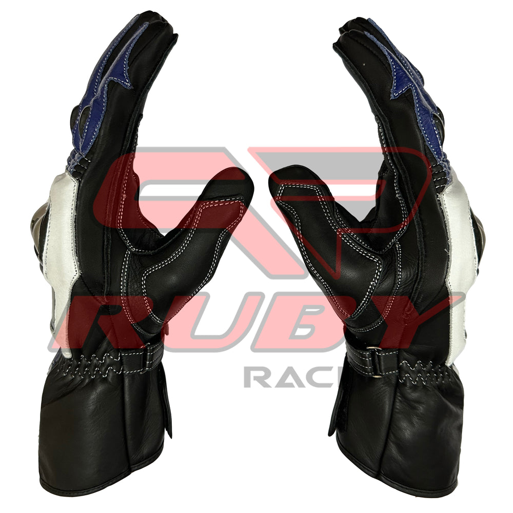 Yamaha motorcycle gloves, back view, highlighting the adjustable wrist strap and fingertip reinforcement.