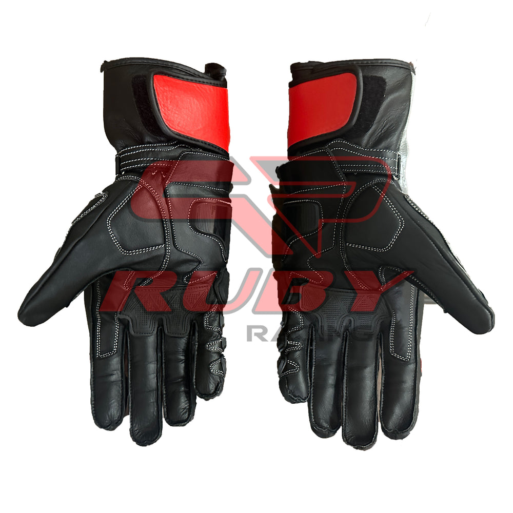 Palm-side view of premium Aprilia leather motorcycle gloves with protective stitching and padded grip zones by Ruby Racing