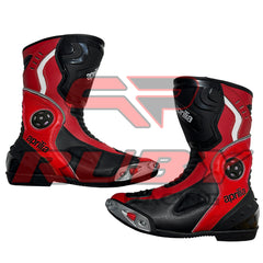 Pair of Aprilia red and black motorbike leather boots for men, featuring durable full-grain leather, TPU protection, and anti-slip racing sole for motorcycle riders.