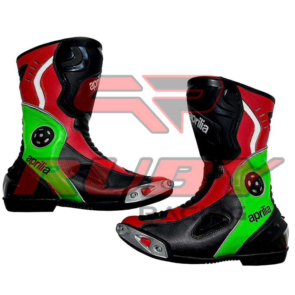 Front-angled view of Aprilia RSV4 motorcycle boots highlighting aerodynamic construction, ventilated shin area, and reinforced toe armor for riders.