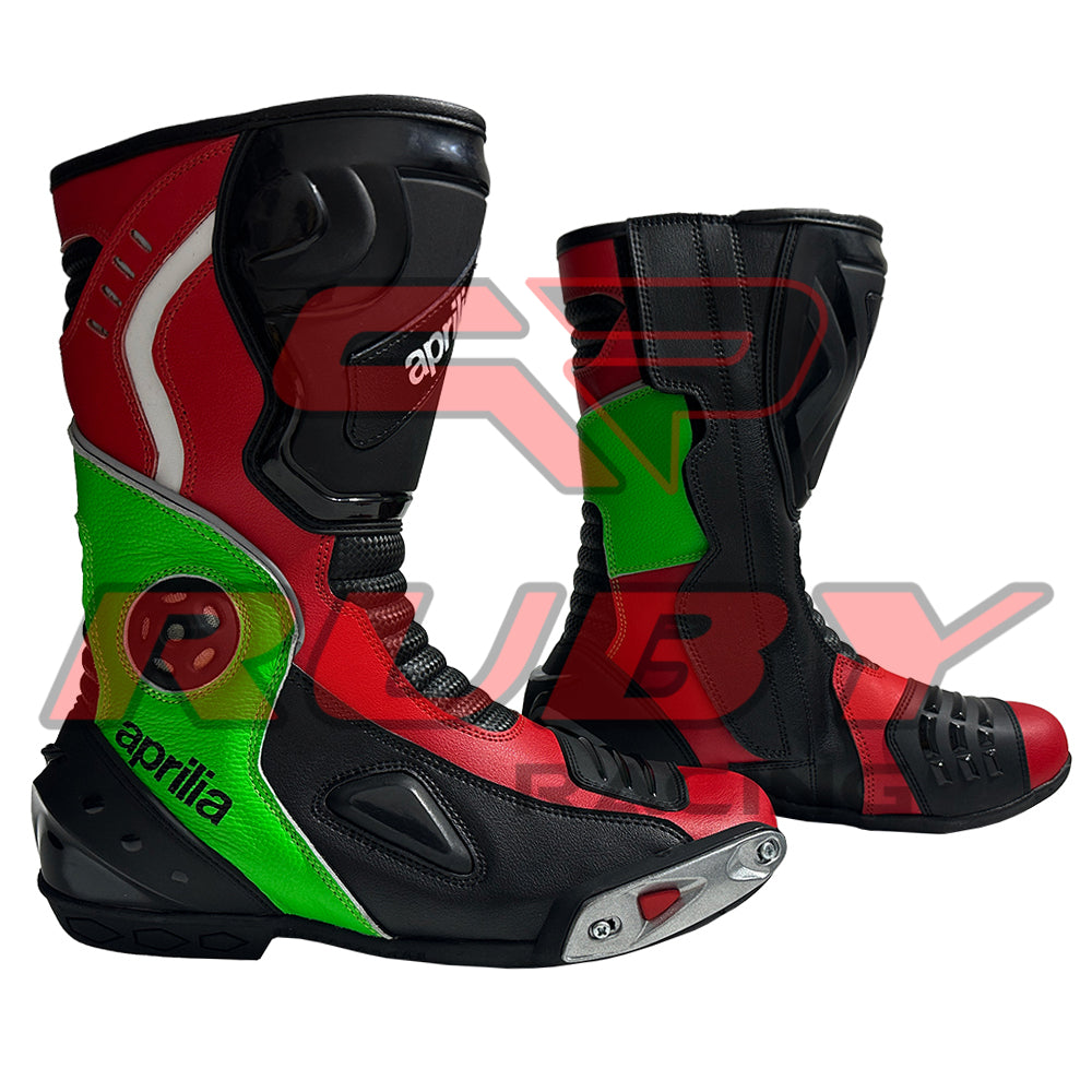 Pair of Aprilia RSV4 motorbike leather boots in red, green, and black color scheme, built for racing and street riding with CE-certified protection.