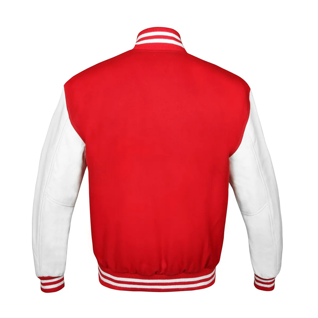 Varsity Letterman Baseball Red Wool Genuine White Leather Sleeves Jacket XS  7XL Chaqueta universitaria de lana con mangas de cuero de vaca real -   México
