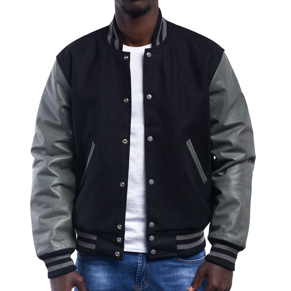 Mens Black Grey Varsity Jacket Front View